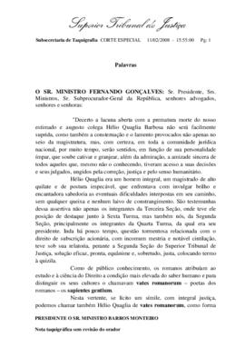 Nota Taquigráfica das Homenagens Póstumas ao Ministro Hélio Quaglia Barbosa (Coleção)